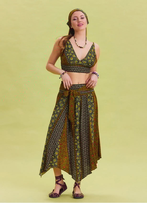 Green Patterned Asymmetrical Skirt with Gipe Detail and Tied Waist 4503